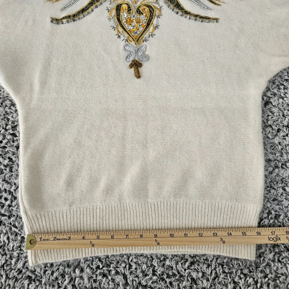 Vintage Cedars Angora Silk Wool Sweater Small Embellished 80s 90s Off White Gold - Picture 12 of 14